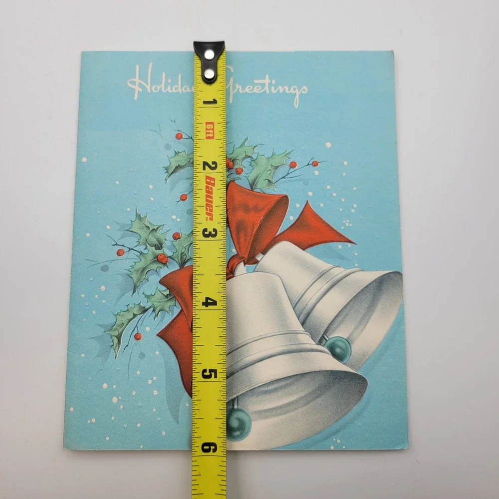 Vintage Holiday Greetings Christmas Card Bells Bow Holly Signed 1950s